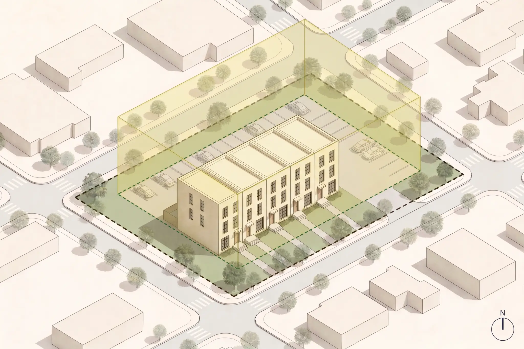 Zoning analysis showing a buildable envelope on a development parcel